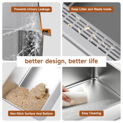 Stainless Steel Litter Box XL | Prevents Urine Leakage Includes Scoop Durable & Sturdy Odor-Resistant - color: Grey XL