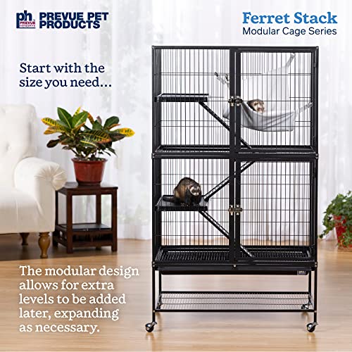 Prevue Pet Products Ferret Stack Two Story Ferret Home - Portable Stand, Escape Proof Lock, Includes Hammock & Ramps, Expandable Two Story Cage Stacking System with Wheels - Black