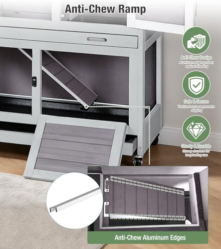 Two-Tier Guinea Pig Cages Rabbit Hutch with Anti-Chew Ramp | bunny cage with dual deep trays, weatherproof roof, lockable catsters, multiple access doors - color: 36“L Grey