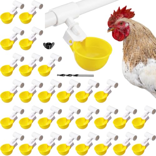 LemonRoad 30 Set Automatic Chicken Waterer Cups with 1/2" PVC Tee Fitting Chicken Drinking Bowl, Poultry Drinker Mounting Hole Opener,Water Dispenser Feeder for Duck, Goose, Pigeon(Dark Yellow) - color: Dark Yellow