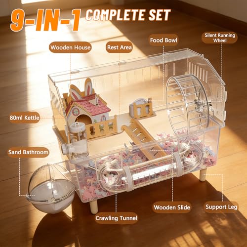 9-in-1 Acrylic Hamster Cage - Clear Pet Cage with 360° Transparent Viewing, Double Layer Chew-Proof Mice Enclosure with Crawling Tunnel for Dwarf Syrian Gerbils, 18 * 13 * 12in (Pink Cottage)