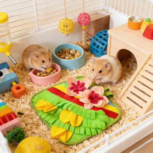 Rabbit Snuffle Mat, Interactive Foraging Pad for Small Pets, Anti-Slip Felt Feeding Mat for Bunny, Hamster, Guinea Pig, Ferret, Machine Washable Boredom Relief Toy (Floral)