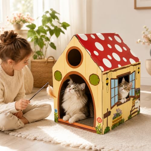 Cinrobiye Cardboard Cat House with Scratcher, Indoor Cat Condo Cat Cave Hideout with Scratch Pad, Cardboard Cat Playhouse Bed for Cats, Kittens, Rabbits & Small Pets (Mushroom) - color: Mushroom