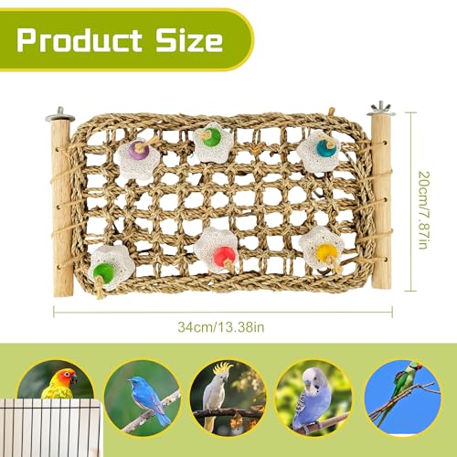 FlidRunest Conure Seagrass Mat with Grinding Calcium Stone Chewing Toy | Parrot Beak Grinding Stone and Seagrass Ladder Bridge Stands, Hand-Woven Net Climbing Net for Budgie Parakeet - size: B(With Calcium Stone)