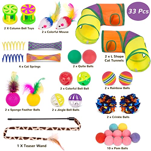 Retro Shaw 33PCS Interactive Cat Toys, Cat Play Tunnels for Indoor Cats | Collapsible, Relieves Boredom & Anxiety, Kitten Feather Wand Springs Crinkle Balls Bell Plush Mice Chew Kicker - color: Large cat tunnel toy set