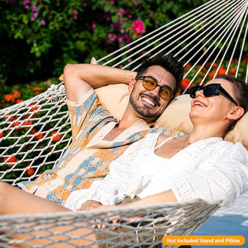 Lazy Daze 13 Ft Double Handwoven Polyester Rope Hammock with Tree Straps | Mesh Hammock for 2 Person, with Spreader Bar, Carabiners, Chains for Outside, Backyard, Patio, 450 Lbs Capacity - color: Natural
