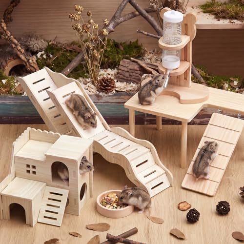 5 Pcs Hamster Cage Accessories, Wood Hamster Play Wooden Platform Water Bottle with Stand Climbing Set for Rat Mice Small Animals Pets Habitats Woodland Decor(Villa Playground) - style: Villa Playground