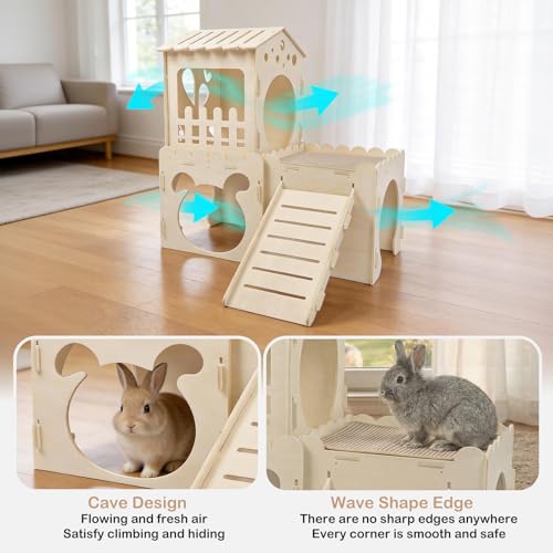 Extra Large Rabbit Castle, Wooden Bunny House & ,Detachable Rabbit Hideaway, Indoor Hamster Castle with Ramp, Small Animal Houses & Habitats for Guinea Pig Chinchilla Ferret(3 House with Sisal Mat) - size: 3 House with 2 Mat