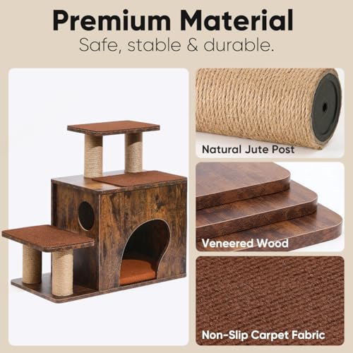 FUKUMARU 3-in-1 Pet Stairs, Retro-style Dog Steps for Cats and Small Dogs, Wooden Cat Stairs for High Bed with Scratching Post, Dog Ramp for Couch with Cat Condo Cave, Easy to Clean & Aesthetic Design - color: Brown