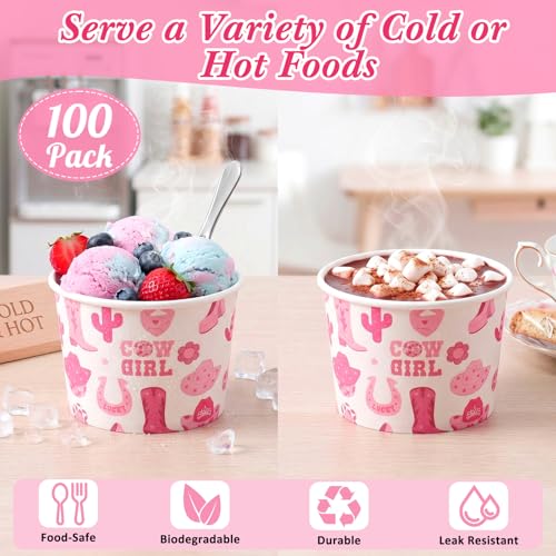 Jingmore 100 Pcs Ice Cream Paper Cups Bulk 8 oz Disposable Dessert Bowls for Hot or Cold Food Snack Treats Gift for Birthday Summer Party Favor Decoration (Cowgirl) - style: Cowgirl