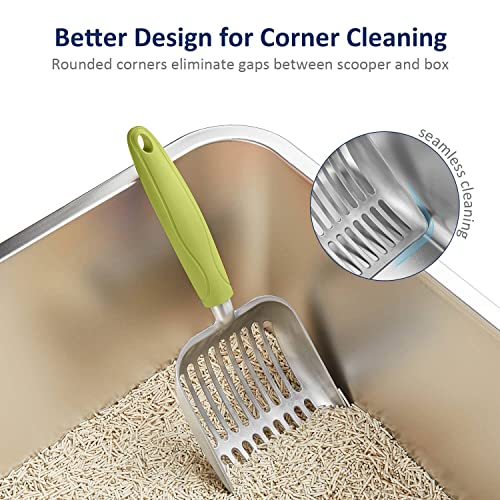 Cat Litter Scoop, Aluminum Alloy Sifter, Kitty Metal Scooper, Deep Shovel, Long Handle, Poop Sifting, Kitten Pooper Lifter, Durable, Heavy Duty, for Litter Box - color: FLAT Aluminum \ #03 Green Handle, size: Small