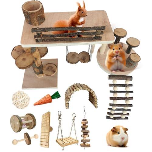 Hamster Playground & Climbing Toys Set, Natural Wooden Small Animal Activity Center with Ladder, Bridge, Ramp, Food Bowl, Multi-Room Hideout for Mice, Gerbils, Rats - Hamster Cage Accessories