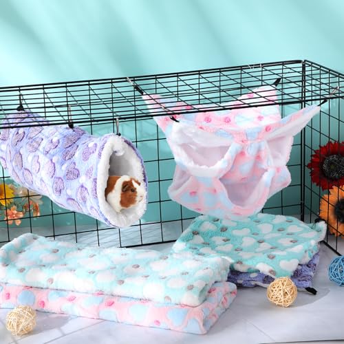 6 Pcs Rat Hammock Set Ferret Hanging Tunnel 3 Tier Guinea Pig Hammocks Hideout Soft Chinchilla Bed for Cage Accessories Hide,Play and Sleep(Lovely,Heart) - color: Lovely