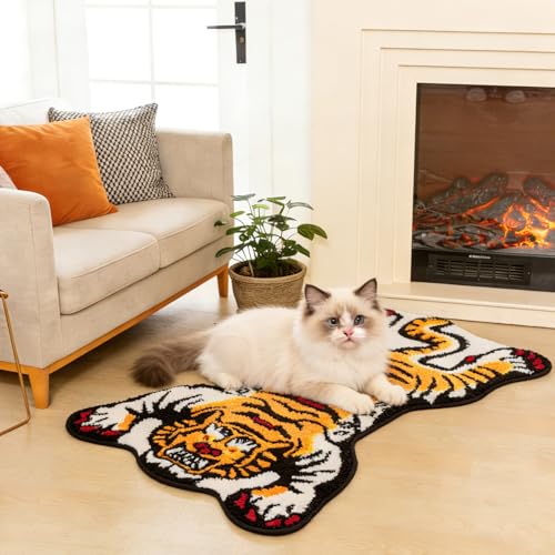 Tibetan Tiger Rug, Orange Tiger Bath Mat Fun Cute Animal Rug | 24 x 40 In, Soft Plush Pile, Non-Slip Backing, Washable, Irregular Shape, Bedroom and Living Room Floor Accent - color: Orange