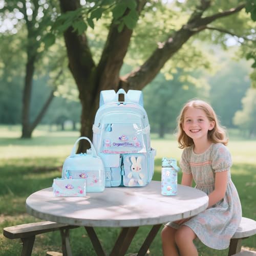 FIXITOK Girls Backpack with 14oz Insulated Water Bottle Set, Kawaii Bunny School Backpack for Girls with Kids Water Bottle Lunch Bag Pencil Case for Kindergarten Elementary Preschool School - color: W-dreamy Aquamarine