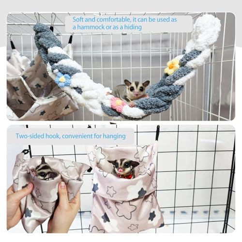 Hamiledyi Rat Hammock Sugar Glider Climbing Ropes Toys Rat Hanging Tunnel Hammock Swing Squirrel Hideout Bed Cage Accessories for Ferret Mouse Hamster Small Animals (Grey) - color: Grey