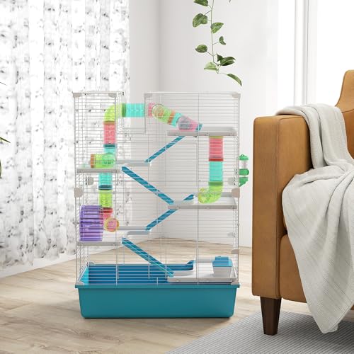 PawHut Large Hamster Cage 6 Tier, 32" DIY, Dwarf & Gerbil, Light Blue | Small Animal Cage, Tubes and Tunnels, Hut, Wheel, Food Dish, Water Bottle, Ramps