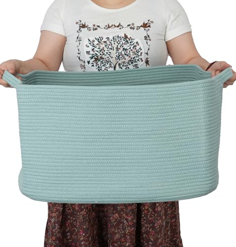 XUANGUO Large Rectangle Woven Cotton Rope Blanket Basket 22"x17"x12" Green - color: light green