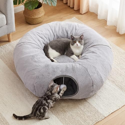Cat Tunnel Bed for Indoor Cats, 31.5in Round Cat Tunnel for Small Cats | Cat Donut Tunnel with Washable Plush Mat, Collapsible Tunnel Hideplace for Kittens, Squirrels Grey - color: Grey, size: Medium