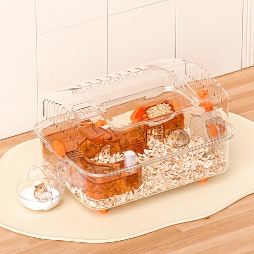 Clear Hamster Cage with External Bath, Dwarf Habitat | 14.17"x10.24"x10.24" compact design, transparent PET enclosure with chew-resistant panels for mice, gerbils and small pets - size: 14.2"L x 10.2"W x 10.2"H