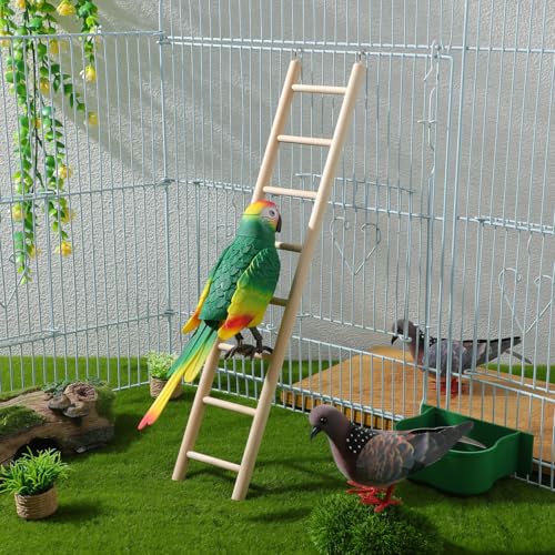 14.7 Inch Bird Ladder for Parakeets and Cockatiels, 8-Step Natural Wood Parrot Climbing Toy with Stainless Steel Hooks - Safe Chewing Cage Accessory
