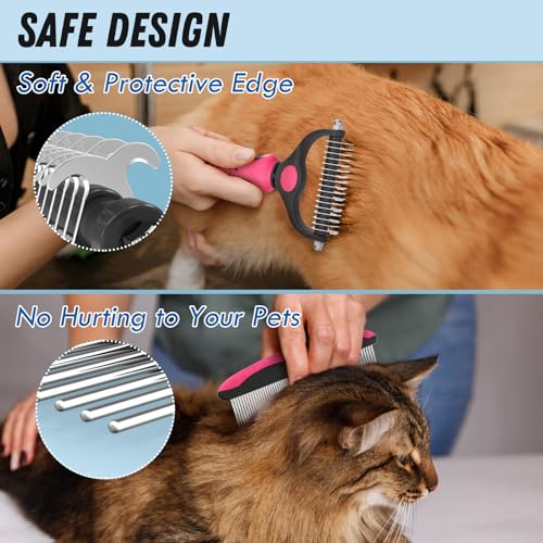 Docrok Pet Grooming Brush and Metal Comb Combo for Dogs & Cats, Pink | Dematting Deshedding Undercoat Rake, Cat Brush Dog Brush Shedding Tool for Long Matted Haired Pets - color: Pink