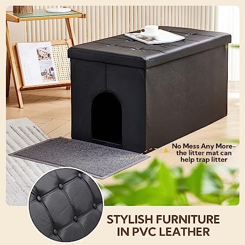 MEEXPAWS Cat Litter Box Enclosure Furniture Odor Control, Extra Large | XXL Hidden Cat Litter Box Bench Ottoman, Storage Cabinet Dog Proof, Waterproof Inside, Easy Clean, Easy Assembly, Black - color: Black, size: XXL L35.4'' x W19.7'' x H19.7''