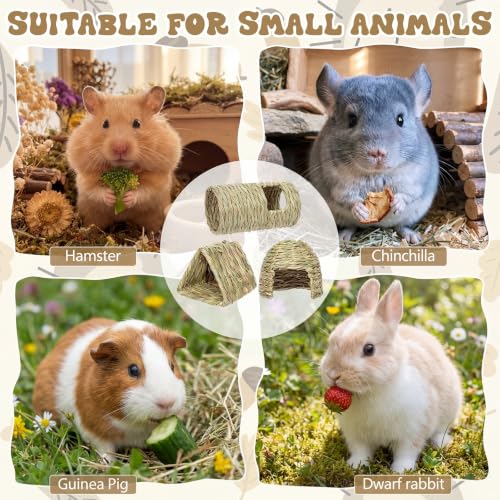 3 Pcs Guinea Pig Natural Grass Tunnel Set - Bunny Hideout House & Explore Tube, Winter Warm Small Animal Hideaway Toys for Syrian Hamsters Rats Chinchillas