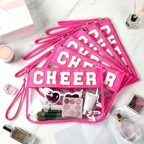 Kacctyen 20 Pcs Rose Pink Chenille Letter Cheer Bags Cheerleader Clear Makeup Bags Snacks Pouch Bulk Preppy Patch Cosmetic Pouch with Wrist Strap Zipper for Travel Team Cheerleaders - color: rose Pink