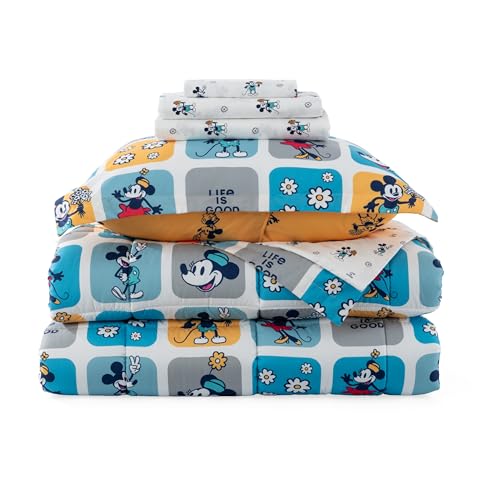 Berkshire LIG Printed Reversible Microfiber Comforter Set–7-Piece, Ultra Soft All-Season Bedding, Wrinkle & Fade Resistant, Full, Steamboat Willie Boxes Extra Large Blue - color: Steamboat Willie Boxes Extra Large Blue, size: Full