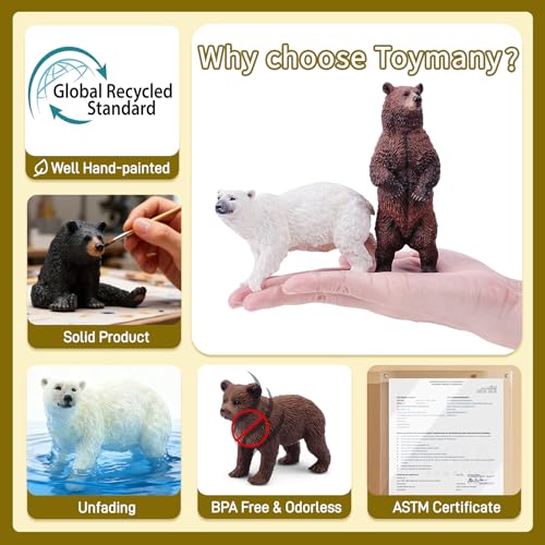 Toymany 6PCS Realistic Bear Figurines Set - Plastic Bears Toy with Grizzly, Black Bear, Polar Bear and Cubs, Wild Animals Figures Education Toy Cake Toppers Christmas Birthday Gift for Kids Toddlers - style: Bears (Brown, Black, Polar)