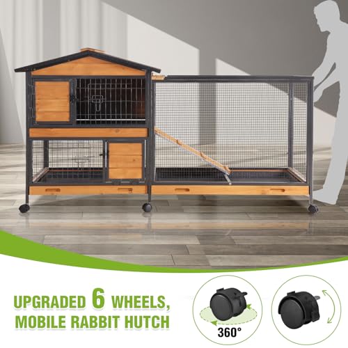Gutinneen 2-Story Rabbit Hutch Indoor Bunny Cage Large Rabbit Cage Outdoor with Chew-Proof Full Metal Frame, Locking Wheels, 2 Pull-Out Trays for Rabbits, Guinea Pigs, Small Animals (Brown & Black)
