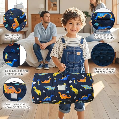 david's kids Toddler Nap Mat with Removable Pillow and Minky Fleece Blanket, 55"x23",Ultra Soft Slumber Bags for Boys, Perfect for Preschool, Daycare, Kids Sleeping Bags with Rollup Design, Dinosaur - color: Dinosaur