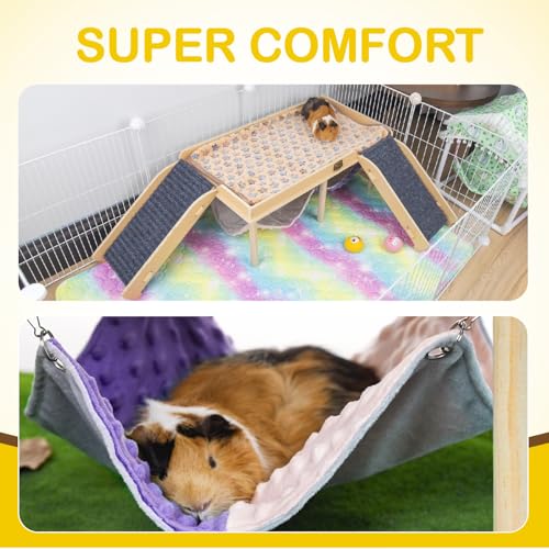 BESNEW Enlarged Guinea Pig Hammock with Platform and Stairs,Wooden Foldable Piggies Hideout for Guinea Pigs Bunny Ferret Hamster Hiding Sleeping Activities 24L x 12W x 11H in（Double） - style: Hammock with 2 ramps