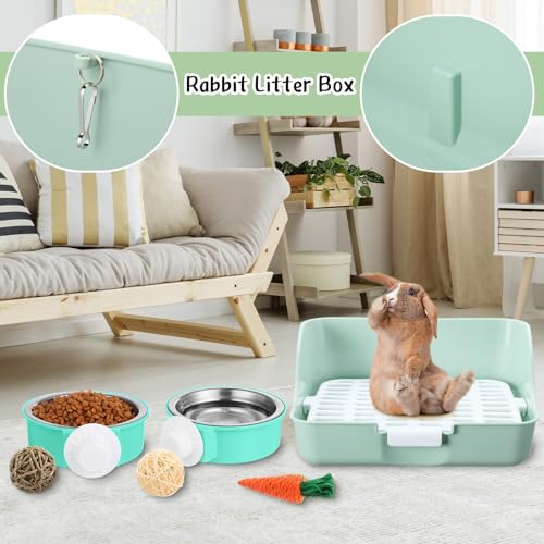 Reallnaive 15 Pcs Rabbit Starter Kit Small Rabbit Litter Box Girls Gift Animal Grooming Kit Bunny Toys Bowl Blankets with Cleaning Set for Guinea Pig Accessories(Green) - color: Green