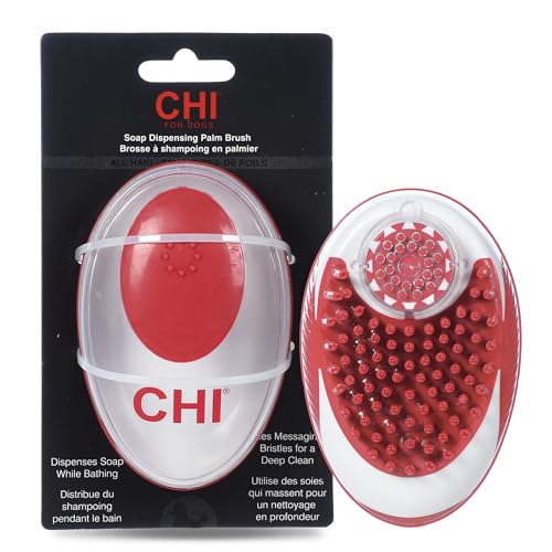 CHI for Dogs Soap Dispensing Palm Brush, Handheld Dog Bathing Scrubber with Built-In Shampoo Dispenser, Soft Rubber Bristles for Massaging and Deep Cleaning All Dog Coat Types, Red | Built-in shampoo dispenser, soft rubber bristles, massages while deep cl