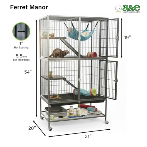 A&E Cage Co AE7004 Ferret Manor Cage – Two Story Ferret Habitat 31"x20"x54" with Platforms, Ramps & Hammock – Rolling Ferret Cage with Storage Shelf & Double Locking Doors - size: Large