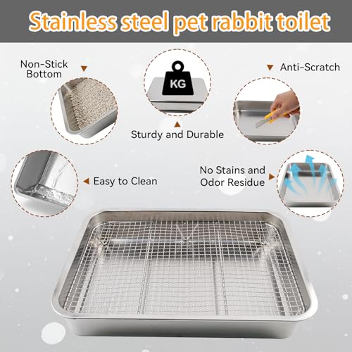 kathson Stainless Steel Rabbit Litter Box,Metal Litter Tray for Rabbits,Large Space Stainless Steel Bunny Litter Pan with Grid,Small Animal Toilet Training Accessories for Cats Guinea Pig Hamster