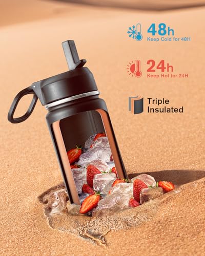 Coolflask 20 oz Insulated Water Bottle with Straw & 3 Leakproof Lids | Water Flask Stainless Steel Triple-Wall Vacuum, Cupholder Friendly, Cold 48+h, Dishwasher Safe, Non-BPA, for Gym & Hiking - color: Magic Black, size: 20 Ounces