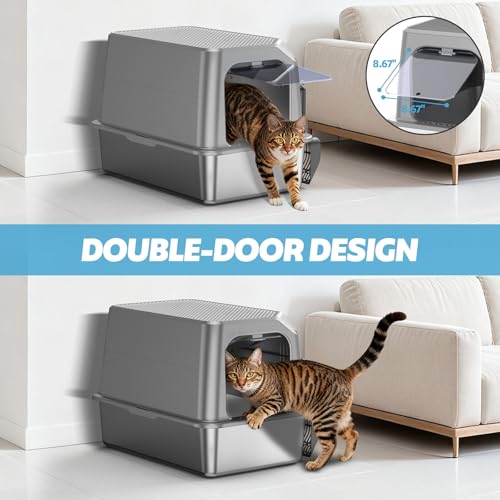 XL Stainless Steel Litter Box with Lid, Enclosed Cat Litter Box,Front Entry | XL for Big Cats, High Sides Enclosed Design, Anti-Urine Leakage, Non-Stick Odor-Free, Easy Clean, Reduce Litter Tracking - color: 14 - Light Gray (Pack of 1)