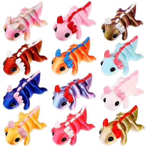 Honoson 12 Pcs 3D Printed Animals 5-7cm, Axolotl | Articulated Fidget Animals, Flexible 3D Printed Figures for Stress Relief, Cute Mini Joints for Party Favors and Display - size: 5-7cm, style: Axolotl
