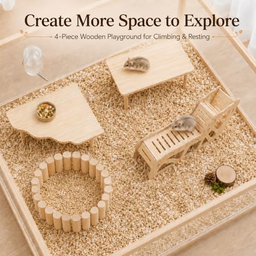 Hamster Platform, 4-Piece Set with Hamster Tunnel, Climbing Toys and Fence | Wooden Hamster Cage Accessories, Climbing Play, Hideout Tunnel, Bendable Fence, for Syrian Dwarf Hamsters, Gerbils and Mice