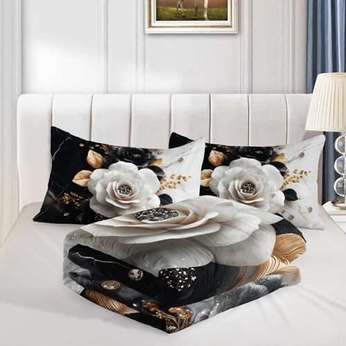 HOSIMA Floral Bedding Sets Full for Women,Black White Marble Grain Ink Fluid Art Comforter Floral Bedding for Girls Room Decor,Golden Leaves Pattern Lightweight Comforter with 2 Pillowcases. - color: Black, size: Full