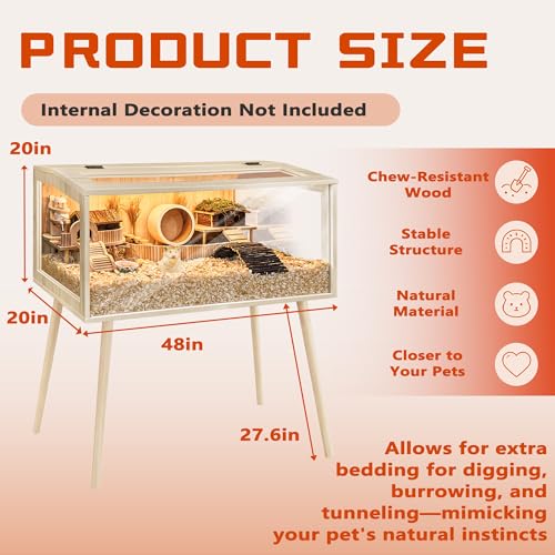 PROLEE Hamster Cage Wooden Chew Proof, Extra Large Mice and Rat Habitat Openable Top with Acrylic Sheets Solid Built Small Animal Cage with Leg Stands, 48 Inch Long - size: 48.0"L x 20.0"W x 47.5"H
