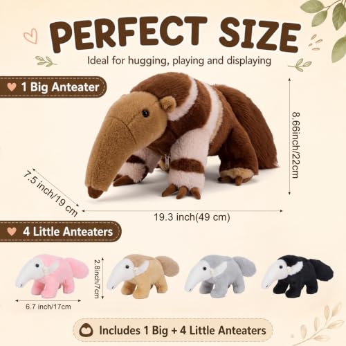 Hollowfly 5 Pcs Anteater Family Stuffed Animal Set 19.29" Mommy Anteater Plush Toy with 4 Cute Babies Zippered Belly Inside Wild Zoo Animals Gifts for Kids Adults Birthday Holiday Christmas Stocking - style: Anteater