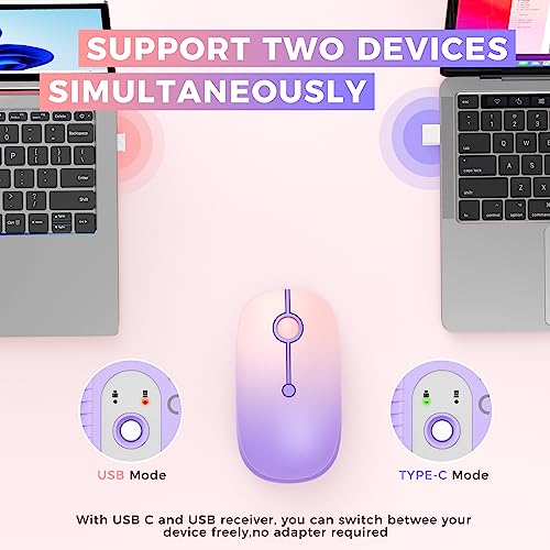VssoPlor Type C Wireless Mouse, USB C MacBook Wireless Mouse, Purple | Dual Mode Cordless Mice with USB and Type C Receiver Compatible with PC, Laptop, MacBook and All USB C Devices - color: Gradient Purple