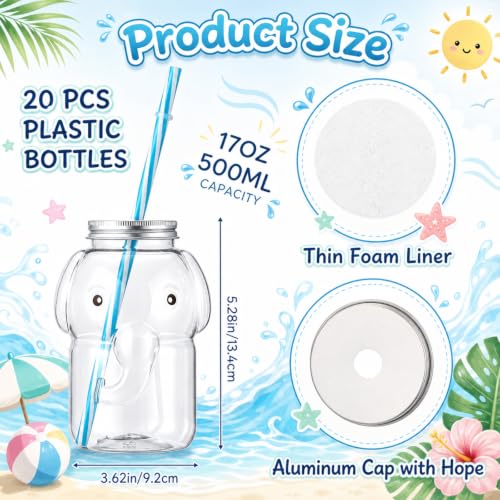 Sliner Elephant Cup Christmas Bottles with Straws Including 20 Pcs Empty Plastic Elephants Drink Bottle & 20 Straws & Caps for Christmas Party Juice Milk Cup Drink Water Container(20 Set, Elephant) - style: Elephant