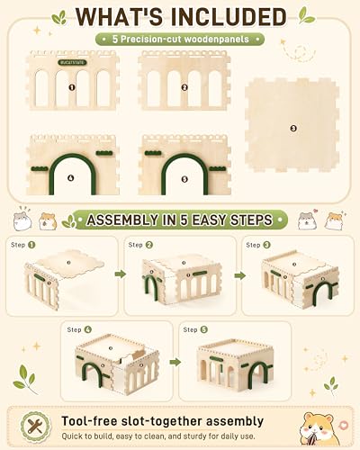 BUCATSTATE Wooden Guinea Pig Hideout, Hedgehog House | Pet Habitat Decor Natural wood hideout for guinea pigs. Easy tool-free assembly, safe for chewing, and sturdy castle design.