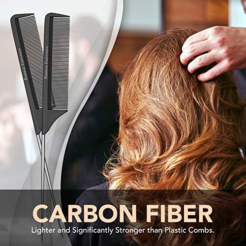 Professional 8.8 Inch Tail Comb (2 Pack) - Black Carbon Fiber And Stainless Steel Tail Comb - Anti Static And Heat Resistant - Lightweight For All Hair Types By Bardeau Essentials - color: 2 Pack
