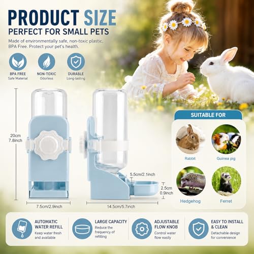 Rypet Rabbit Water Bottle No-Drip, Bunny Guinea Pig Water Dispenser(Blue) | 17 oz 500 mL Capacity, Inside&Outside Mount, No Noise, Bunny Chinchilla Guinea Pig Hedgehog Ferret - color: Blue